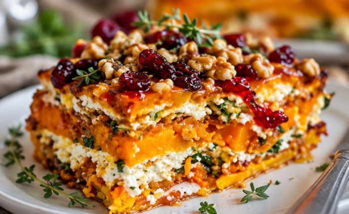 Geschichteter Süßkartoffel-Kürbis-Auflauf mit Feta, Walnüssen und Cranberry-Honig-Glasur